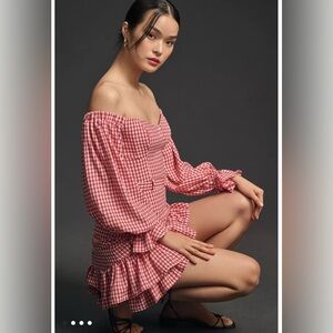 Maeve Gingham Off Shoulder Mini Dress | Size 8P | Corset Boned